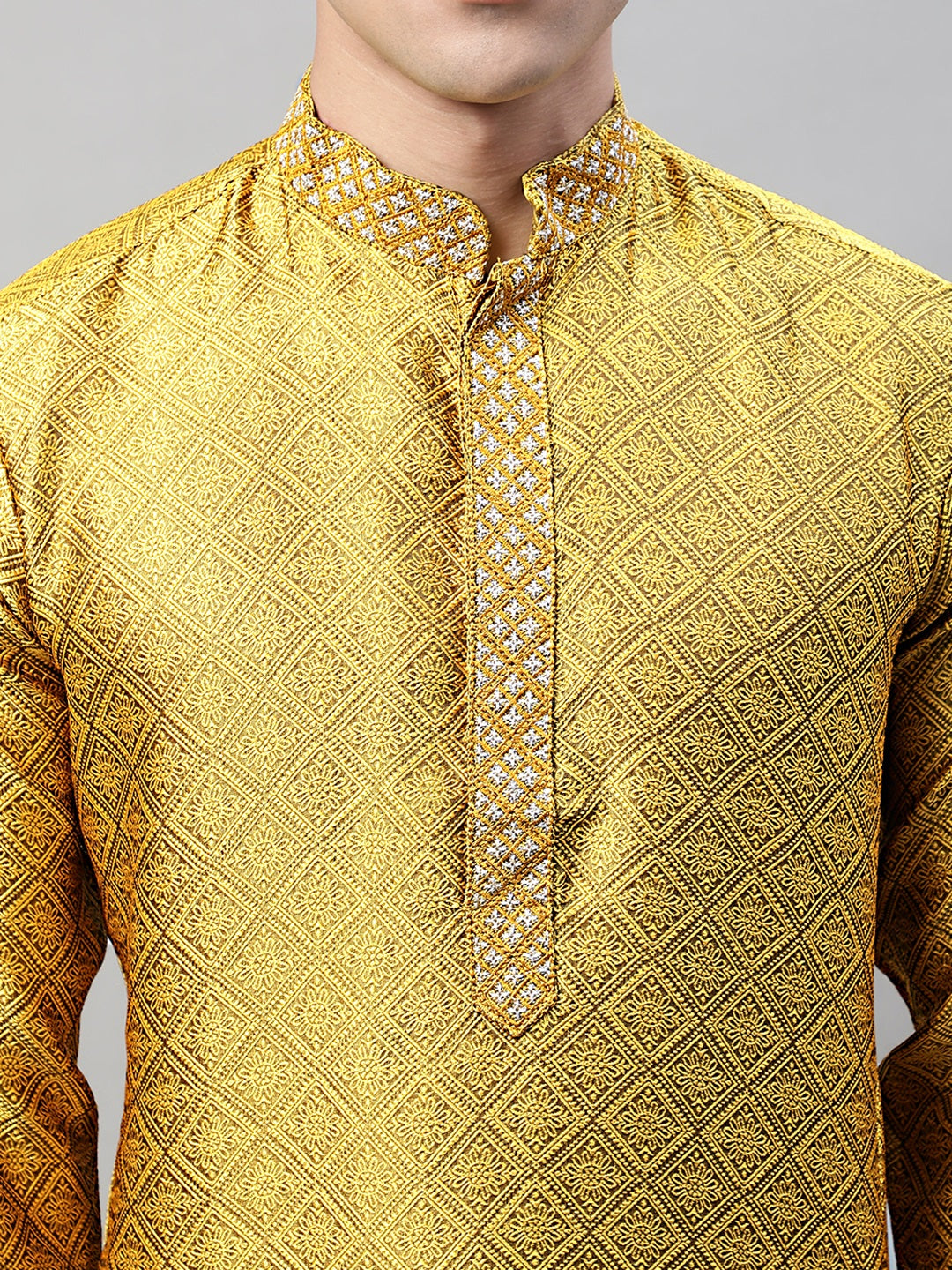 Men's Mustard Collar Embroidered Silk Jacquard  Kurta Pyjama ( JOKP P 692Mustard )