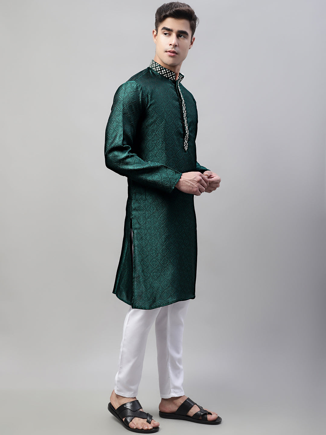 Men's Olive Green Collar Embroidered Silk Jacquard  Kurta Pyjama ( JOKP P 692Olive )