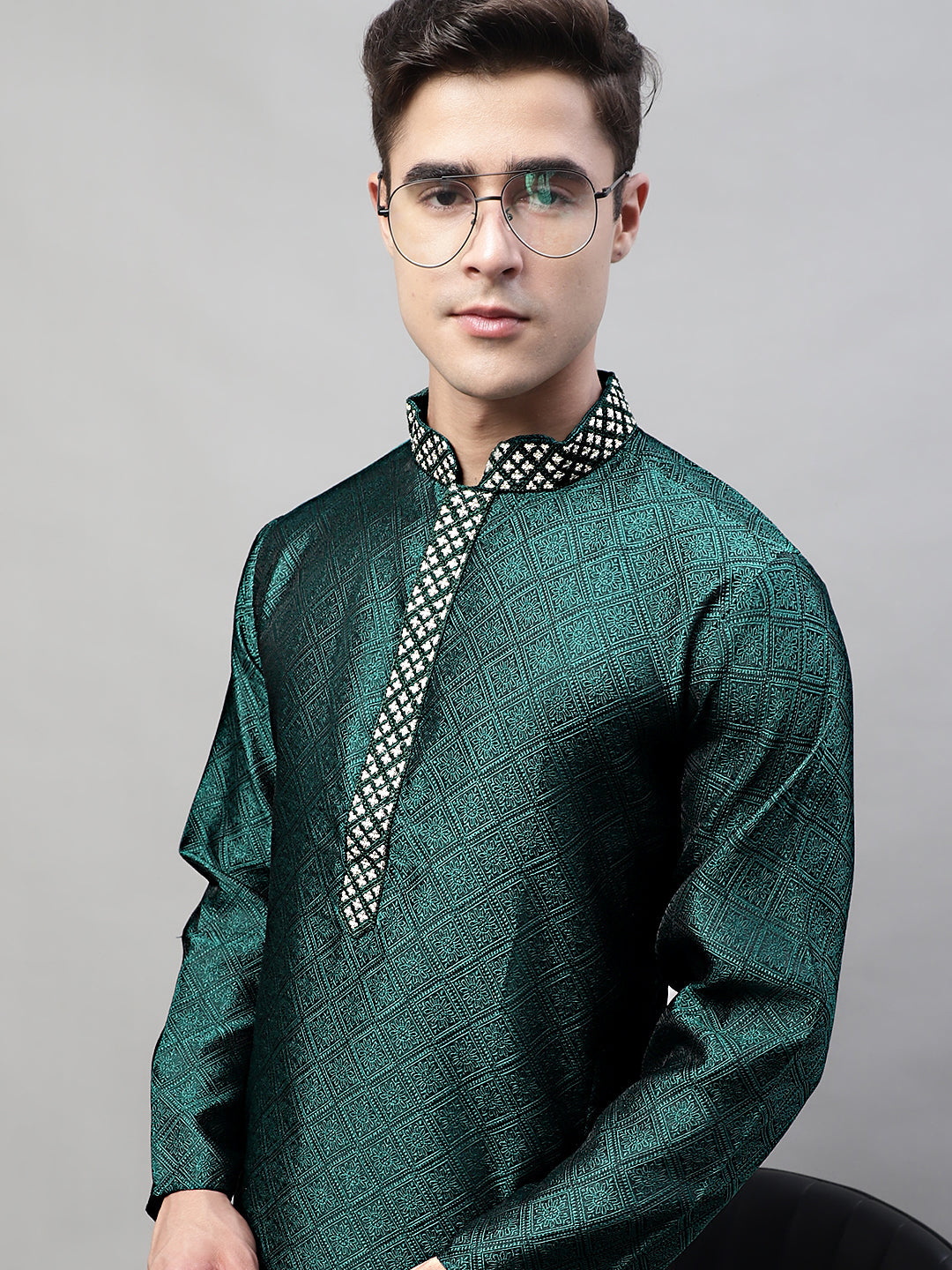 Men's Olive Green Collar Embroidered Silk Jacquard  Kurta Pyjama ( JOKP P 692Olive )