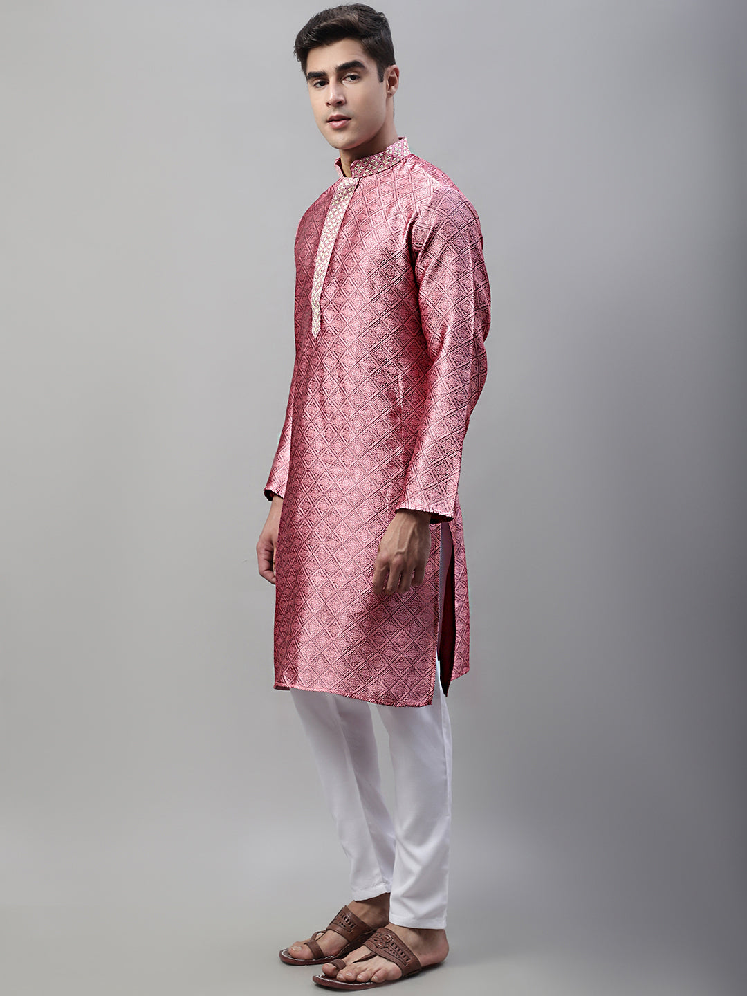 Men's Pink Collar Embroidered Silk Jacquard  Kurta Pyjama ( JOKP P 692Pink )