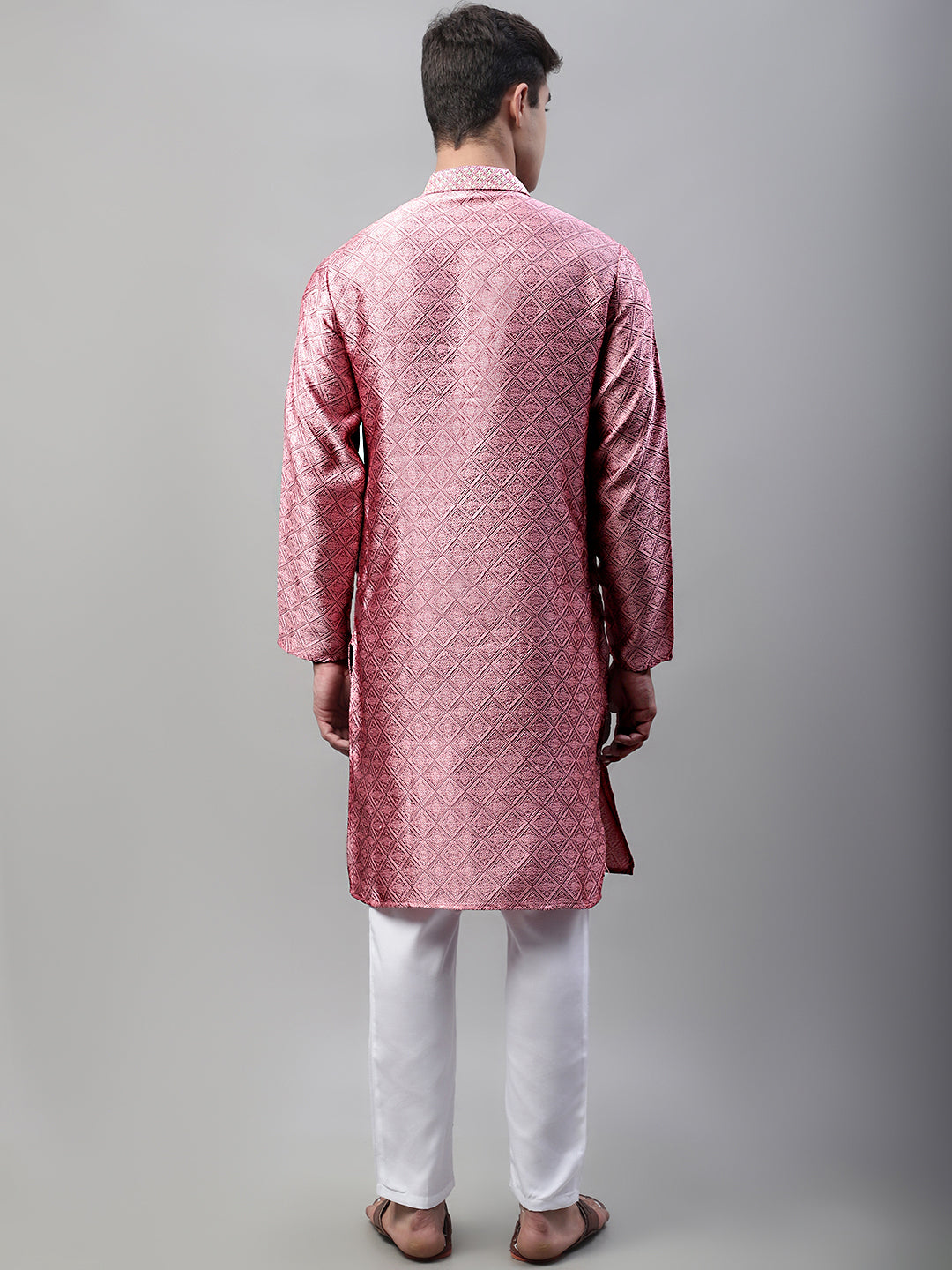 Men's Pink Collar Embroidered Silk Jacquard  Kurta Pyjama ( JOKP P 692Pink )