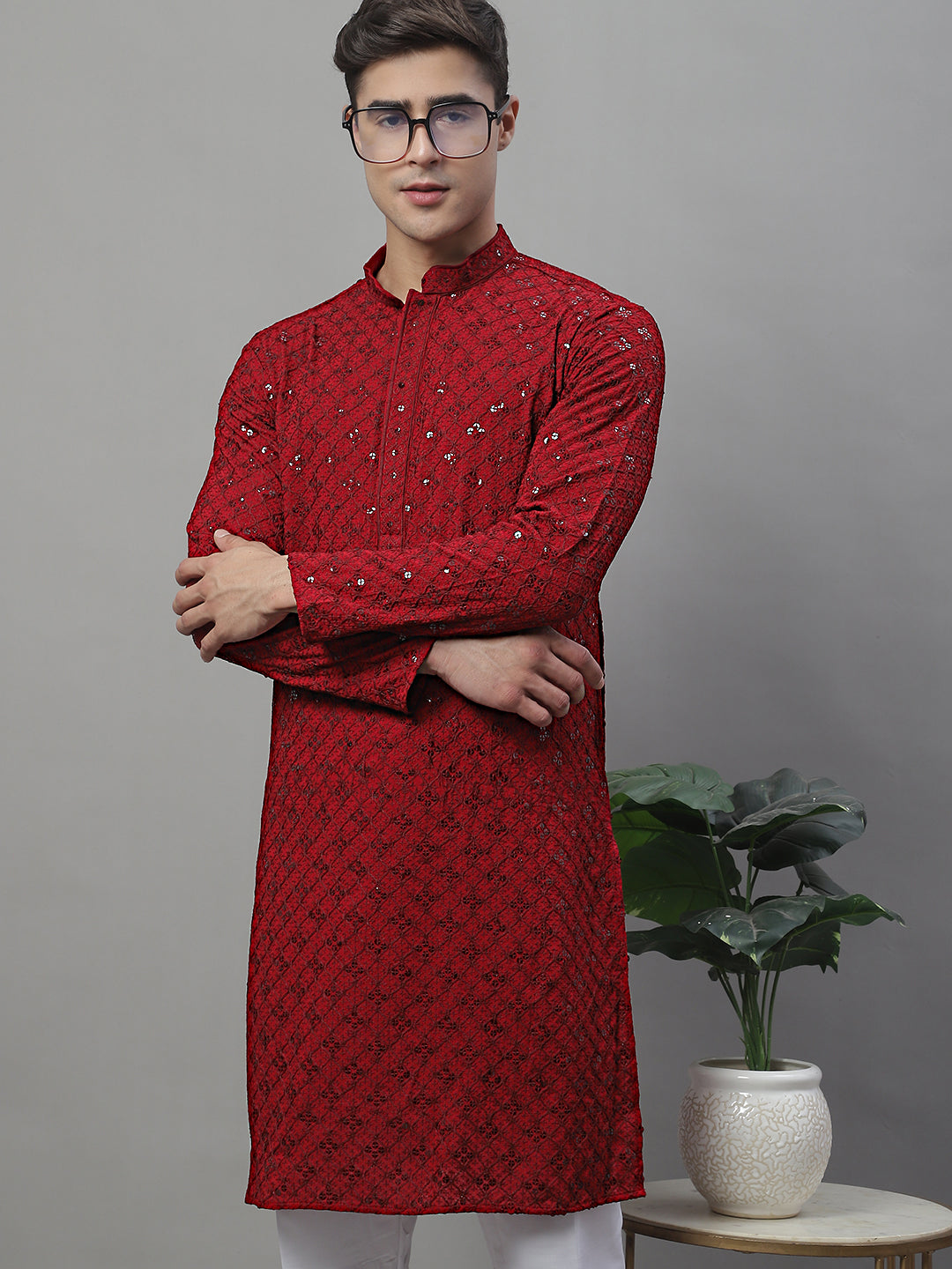 Men's Maroon Chikankari Embroidered and Sequence Kurta with Pyjama. ( JOKP P 695Maroon )