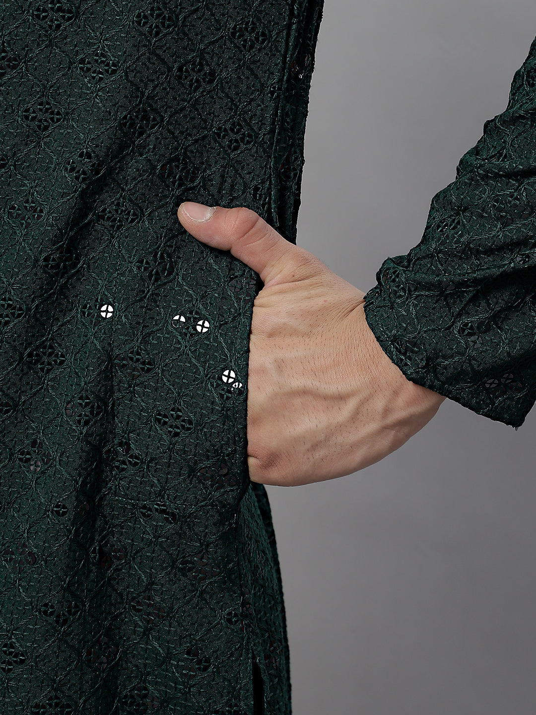 Men's Olive Green Chikankari Embroidered and Sequence Kurta with Pyjama. ( JOKP P 695Olive )