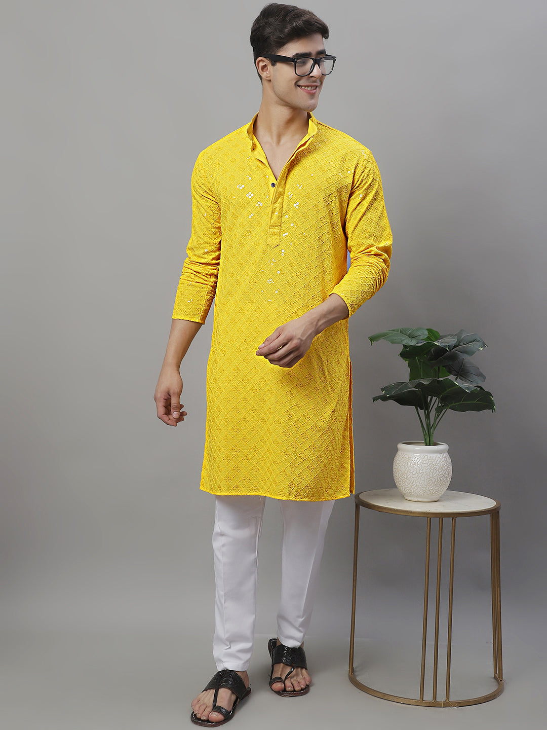 Men's Yellow Chikankari Embroidered and Sequence Kurta with Pyjama. ( JOKP P 695Yellow )