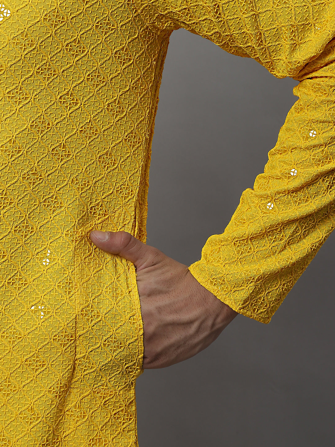 Men's Yellow Chikankari Embroidered and Sequence Kurta with Pyjama. ( JOKP P 695Yellow )