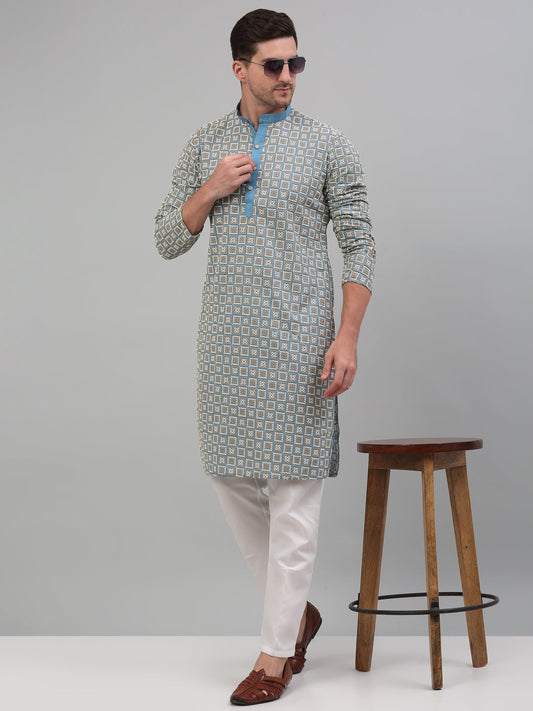 Men's Blue Embroidered Kurta with Pyjama.