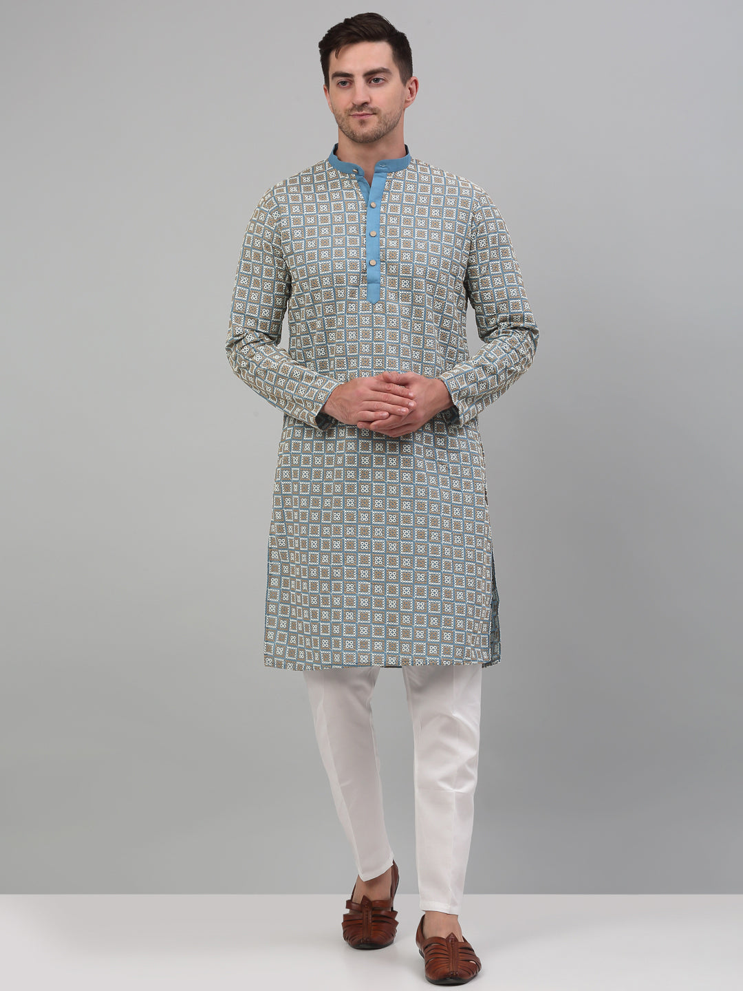 Men's Blue Embroidered Kurta with Pyjama.
