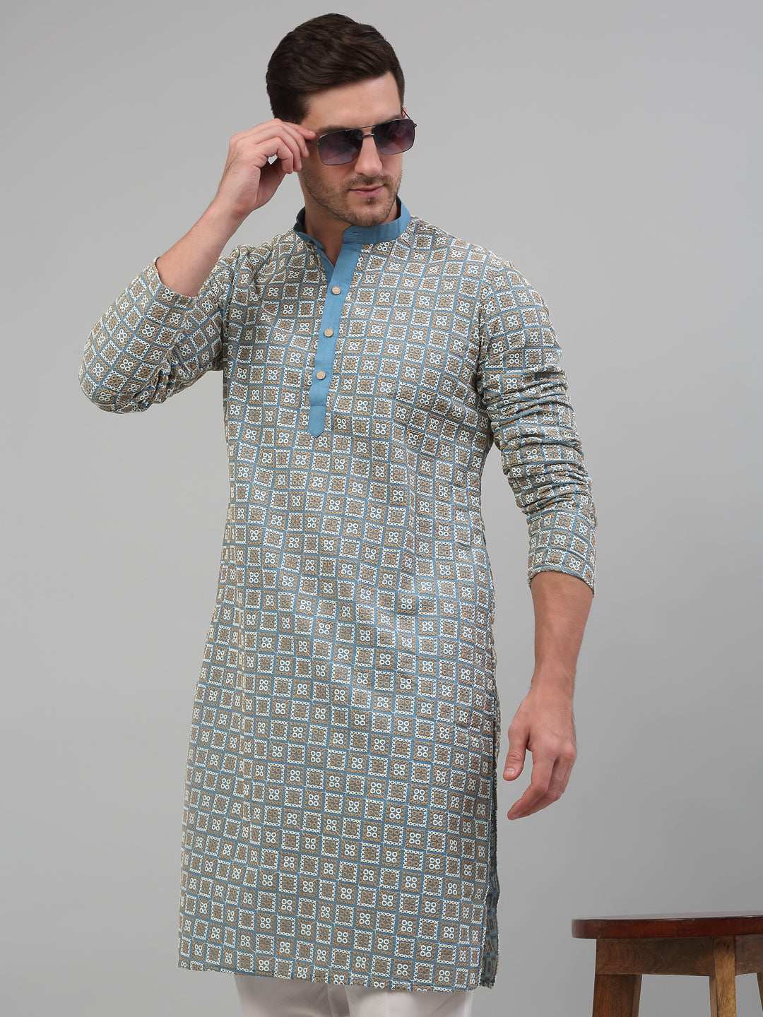 Men's Blue Embroidered Kurta with Pyjama.