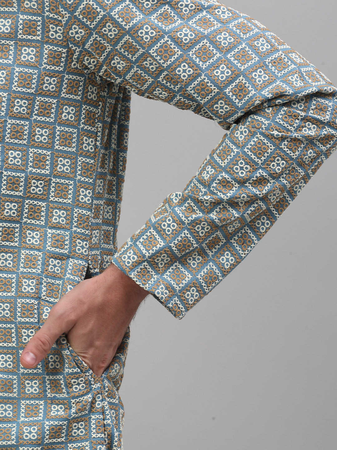 Men's Blue Embroidered Kurta with Pyjama.