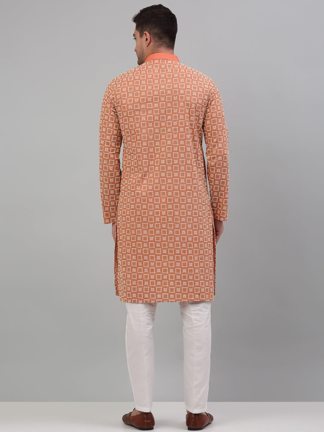 Men's Peach Embroidered Kurta with Pyjama.