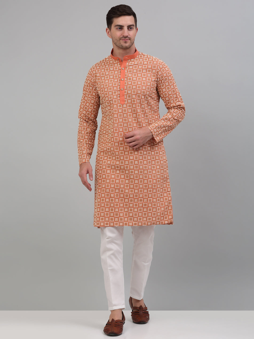 Men's Peach Embroidered Kurta with Pyjama.