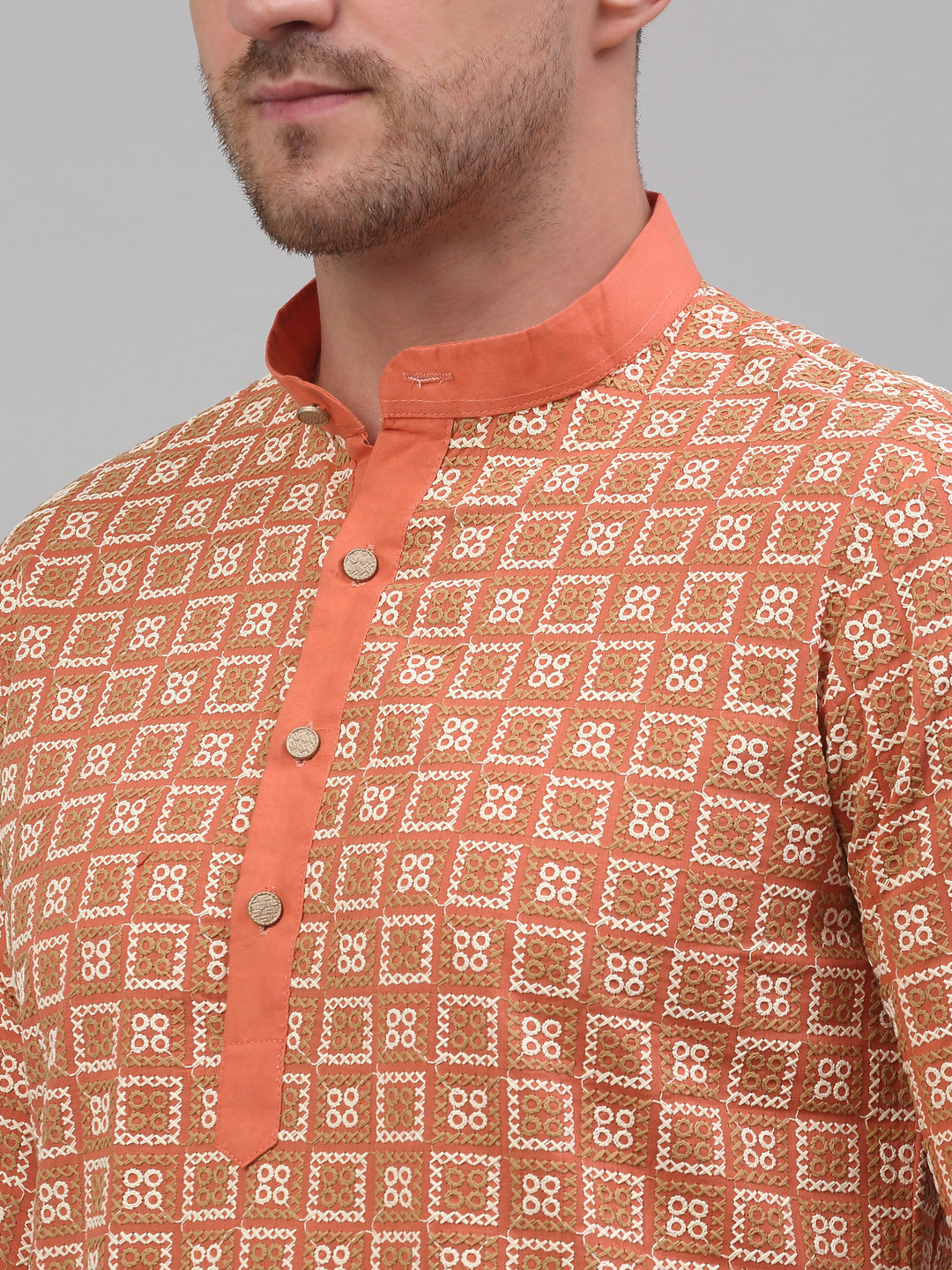 Men's Peach Embroidered Kurta with Pyjama.