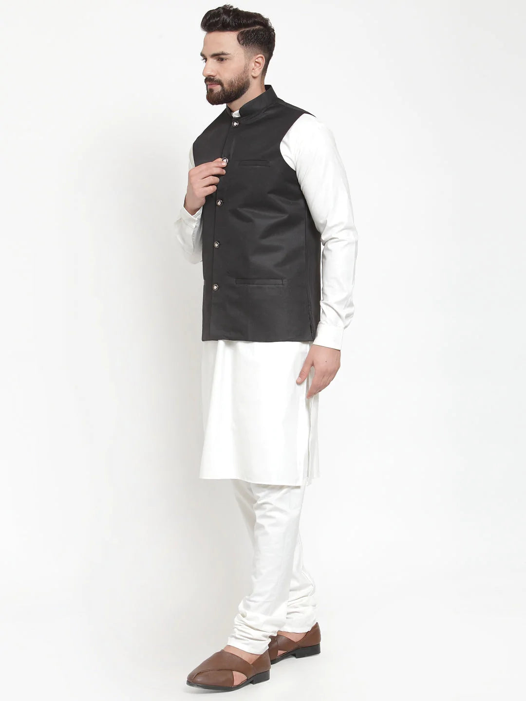 Jompers Men's Solid Kurta Pajama with Solid Waistcoat ( JOKP WC 4051Black )