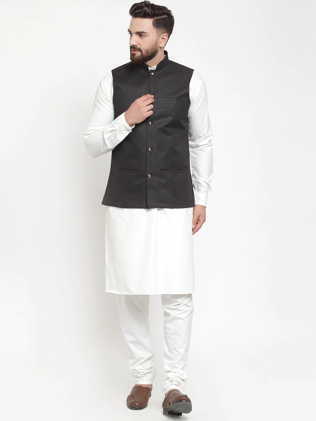 Jompers Men's Solid Kurta Pajama with Solid Waistcoat ( JOKP WC 4051Black )