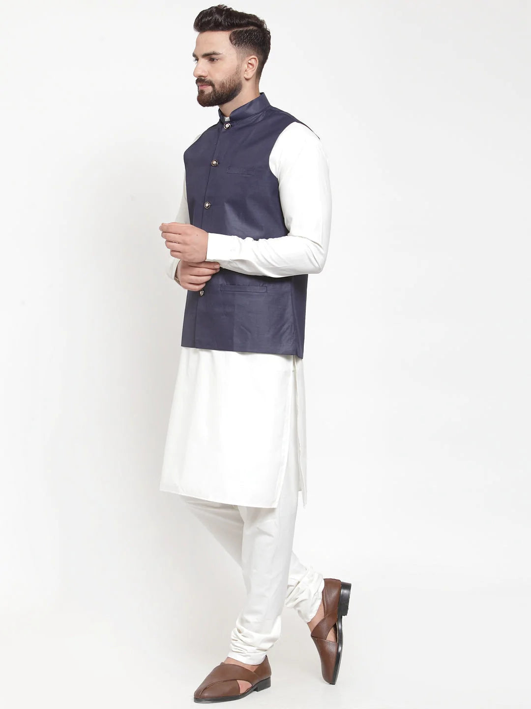 Jompers Men's Solid Kurta Pajama with Solid Waistcoat ( JOKP WC 4051Navy )