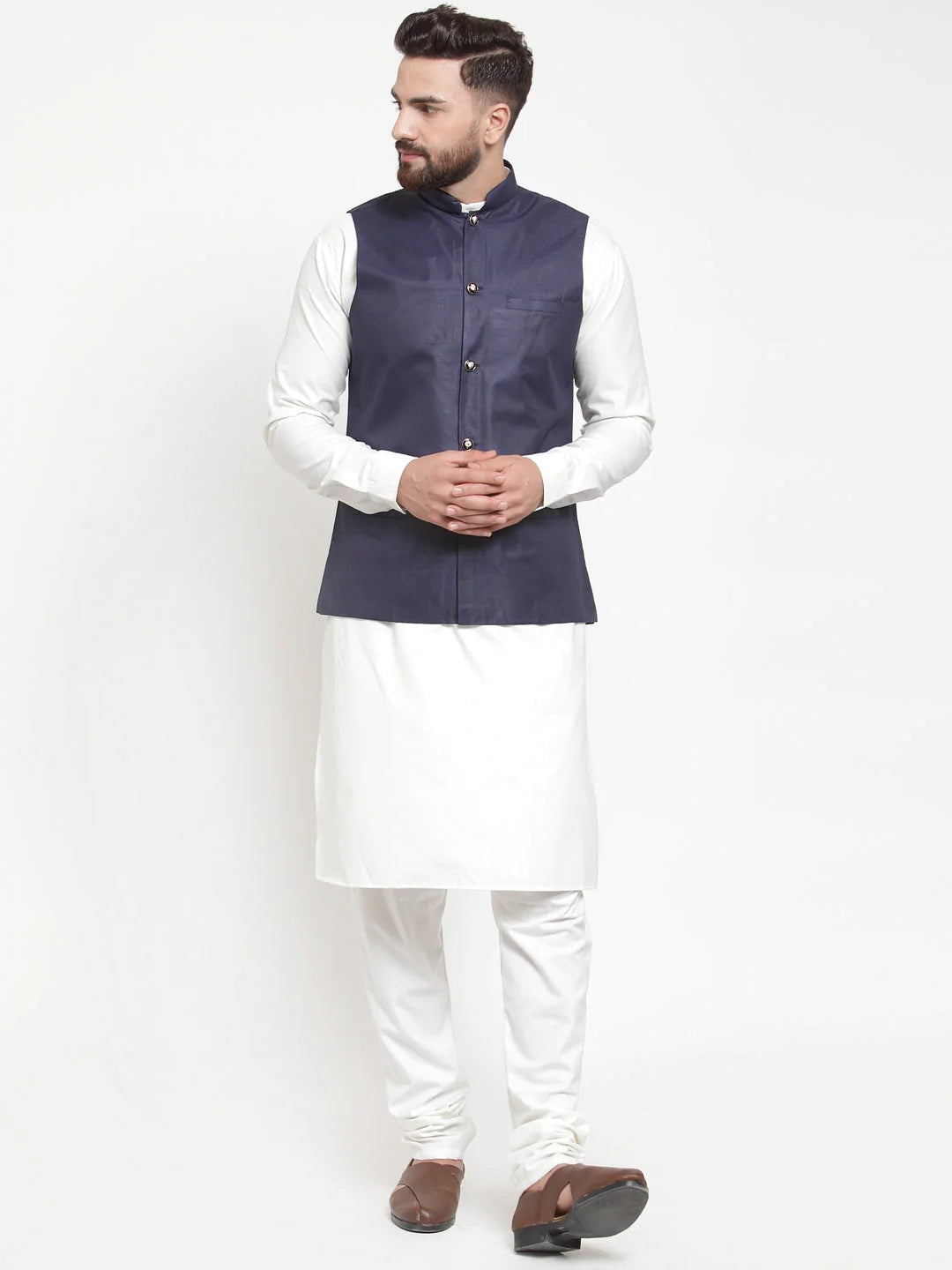 Jompers Men's Solid Kurta Pajama with Solid Waistcoat ( JOKP WC 4051Navy )