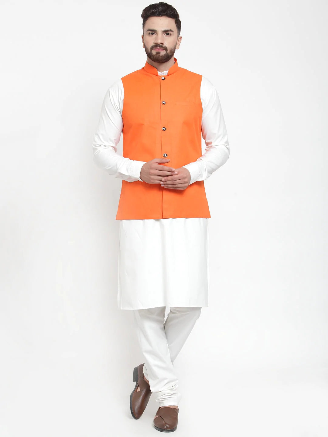 Jompers Men's Solid Kurta Pajama with Solid Waistcoat ( JOKP WC 4051Orange )