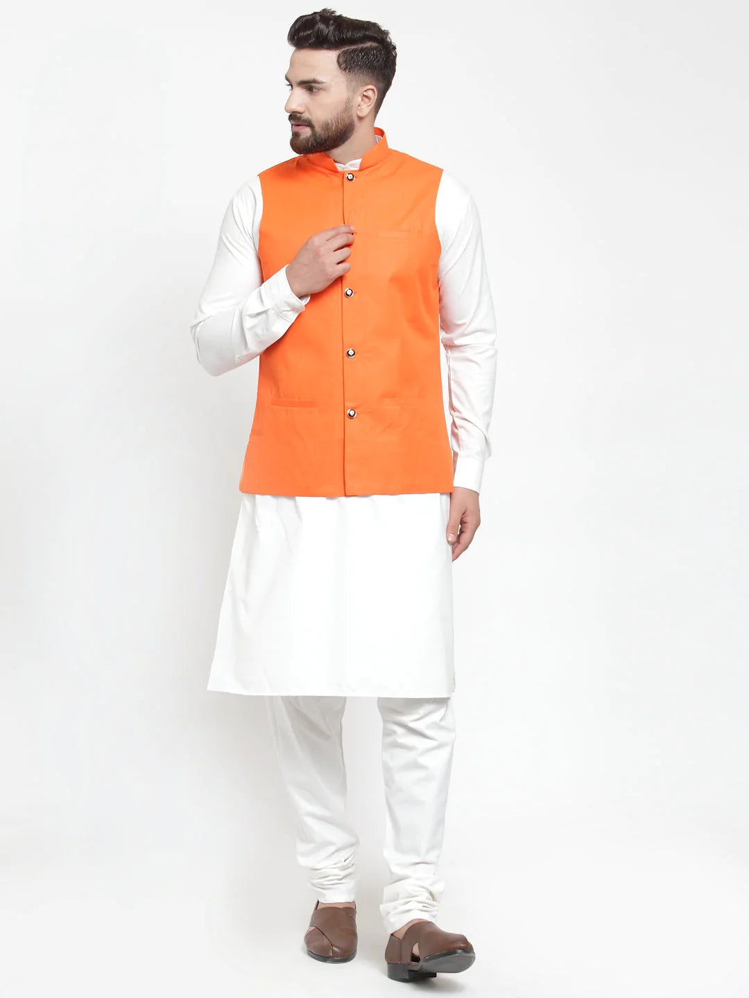 Jompers Men's Solid Kurta Pajama with Solid Waistcoat ( JOKP WC 4051Orange )