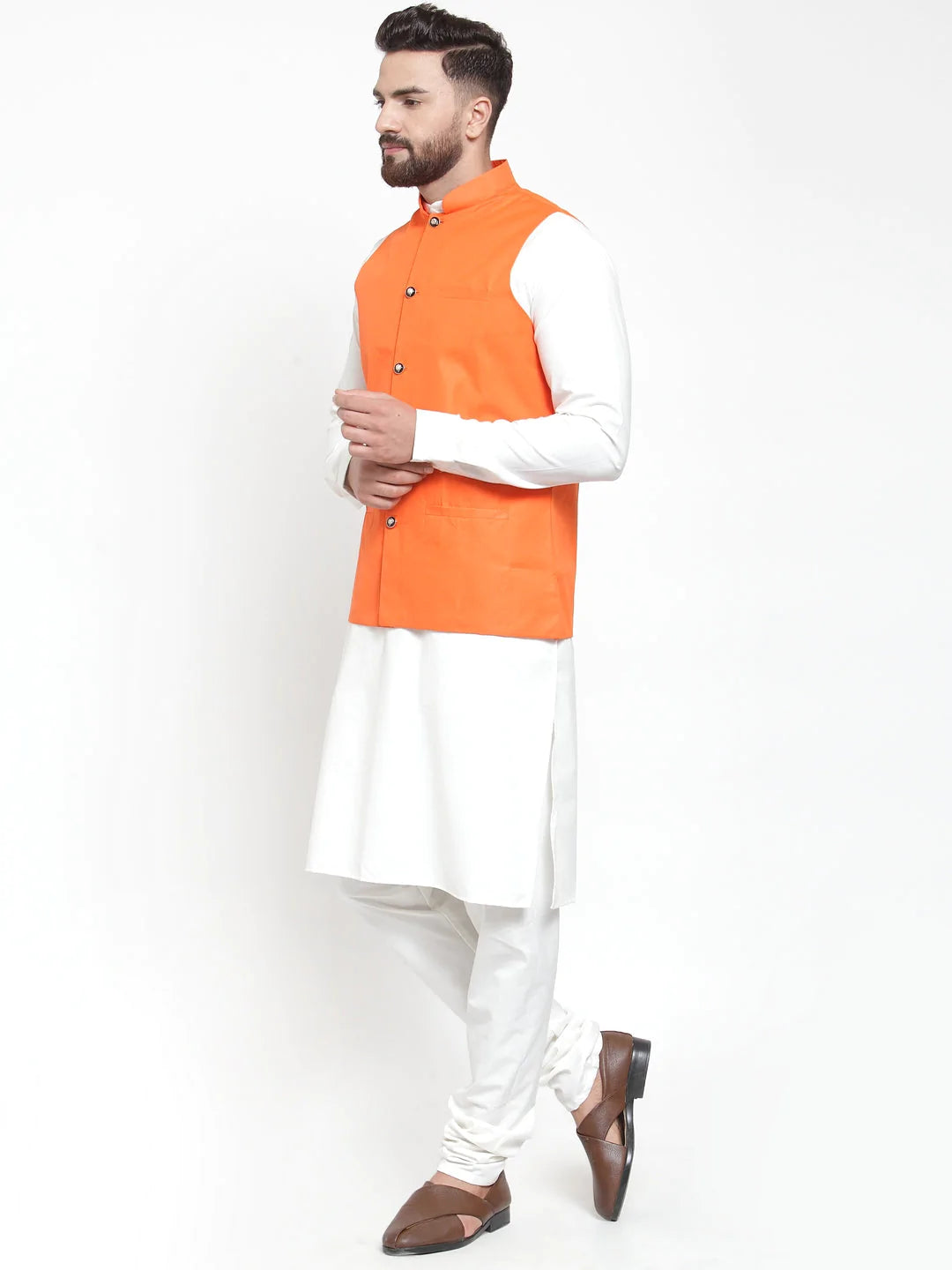 Jompers Men's Solid Kurta Pajama with Solid Waistcoat ( JOKP WC 4051Orange )