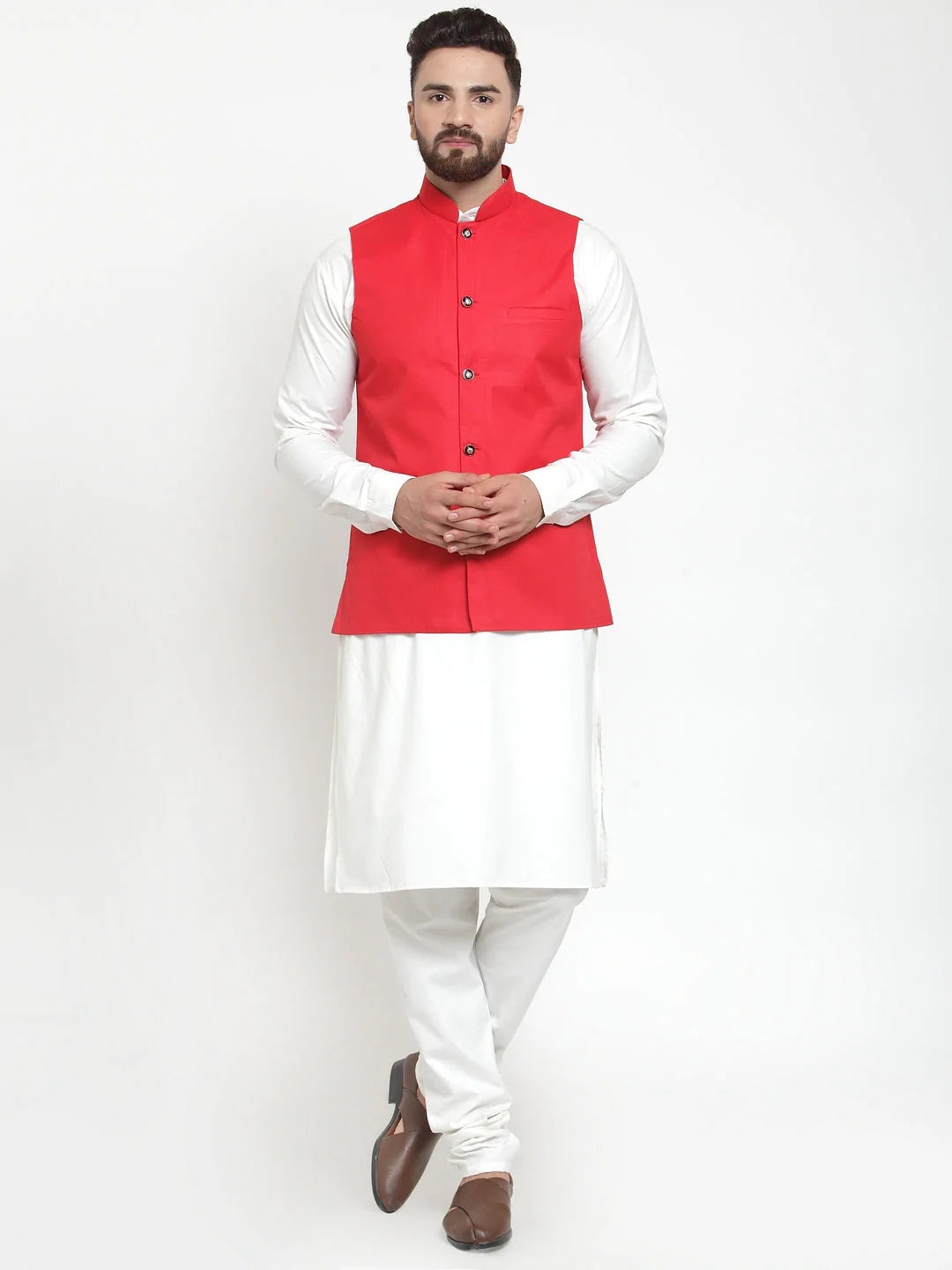 Jompers Men's Solid Kurta Pajama with Solid Waistcoat ( JOKP WC 4051Red )