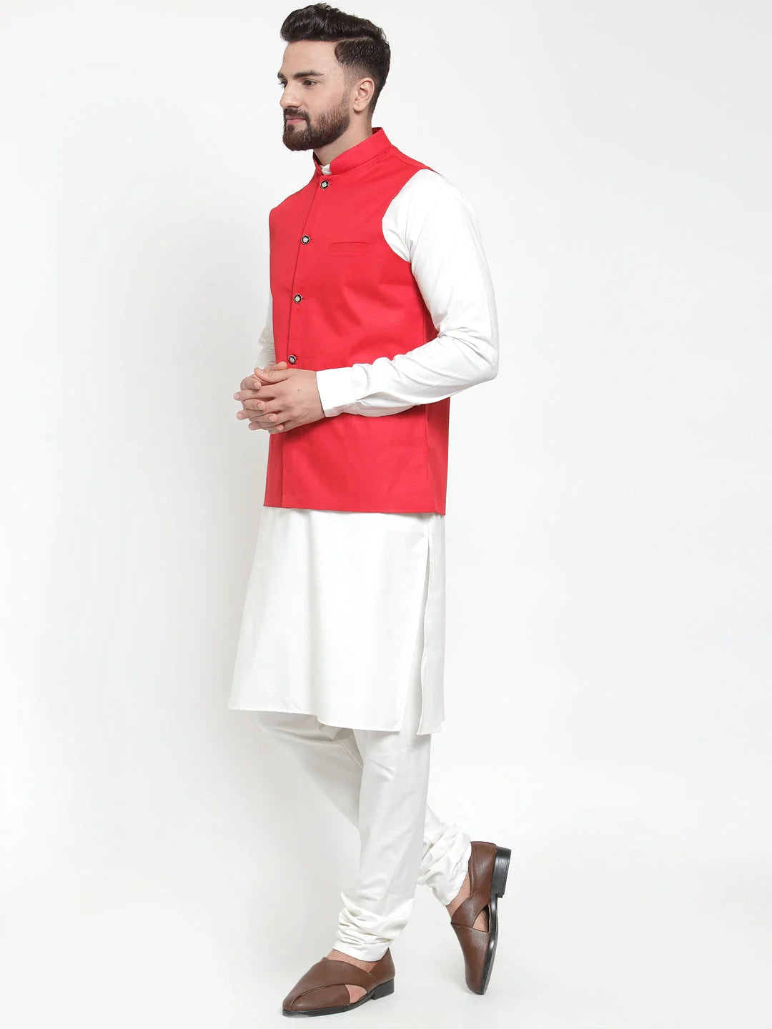 Jompers Men's Solid Kurta Pajama with Solid Waistcoat ( JOKP WC 4051Red )