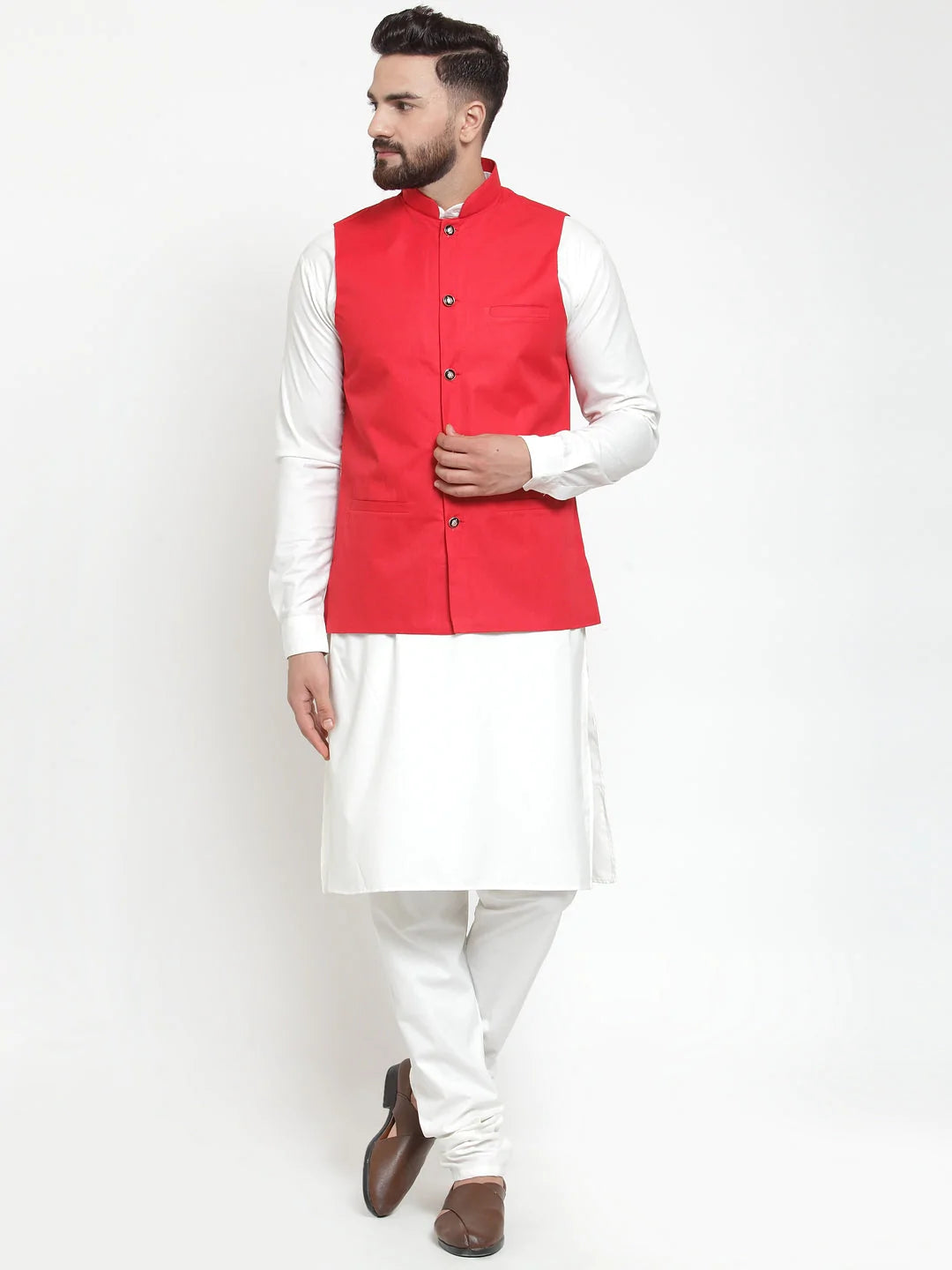 Jompers Men's Solid Kurta Pajama with Solid Waistcoat ( JOKP WC 4051Red )