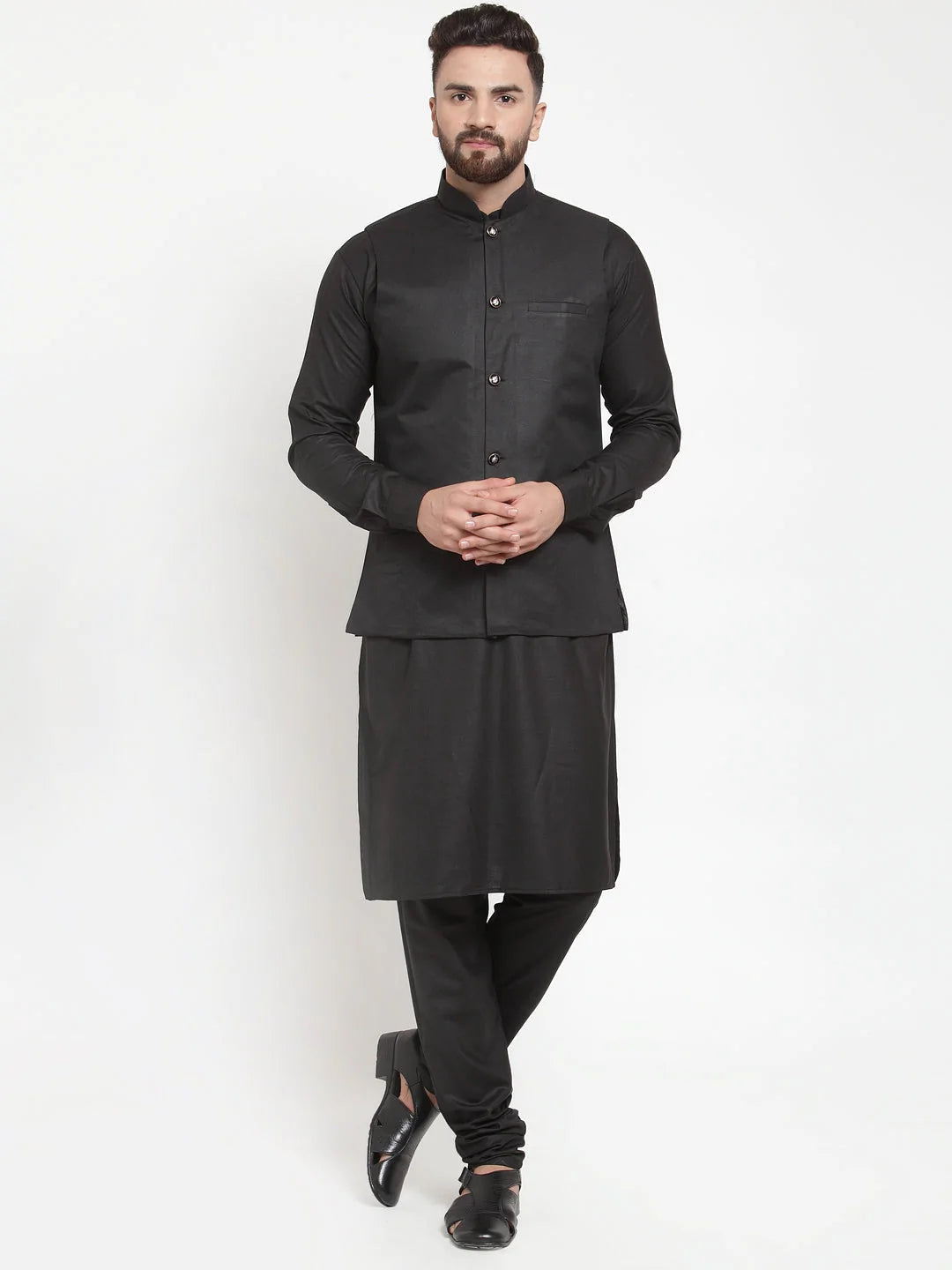 Jompers Men's Solid Kurta Pajama with Solid Waistcoat ( JOKP WC 4052Black )