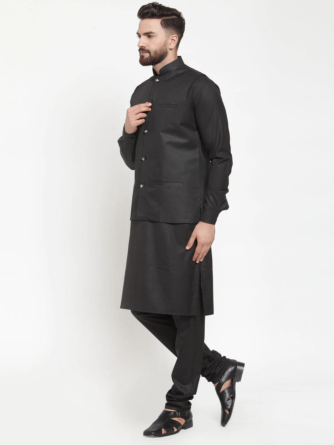 Jompers Men's Solid Kurta Pajama with Solid Waistcoat ( JOKP WC 4052Black )