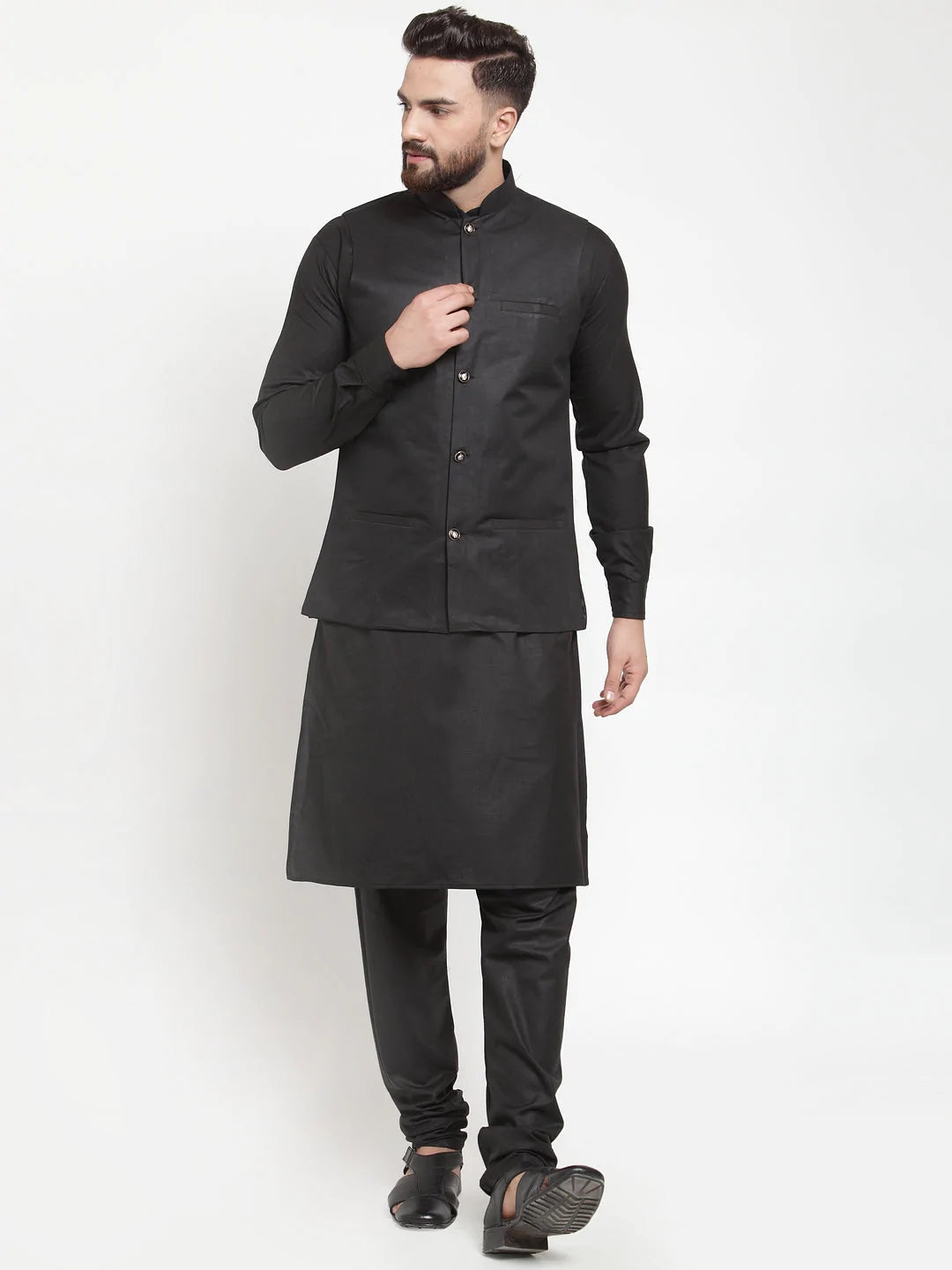 Jompers Men's Solid Kurta Pajama with Solid Waistcoat ( JOKP WC 4052Black )