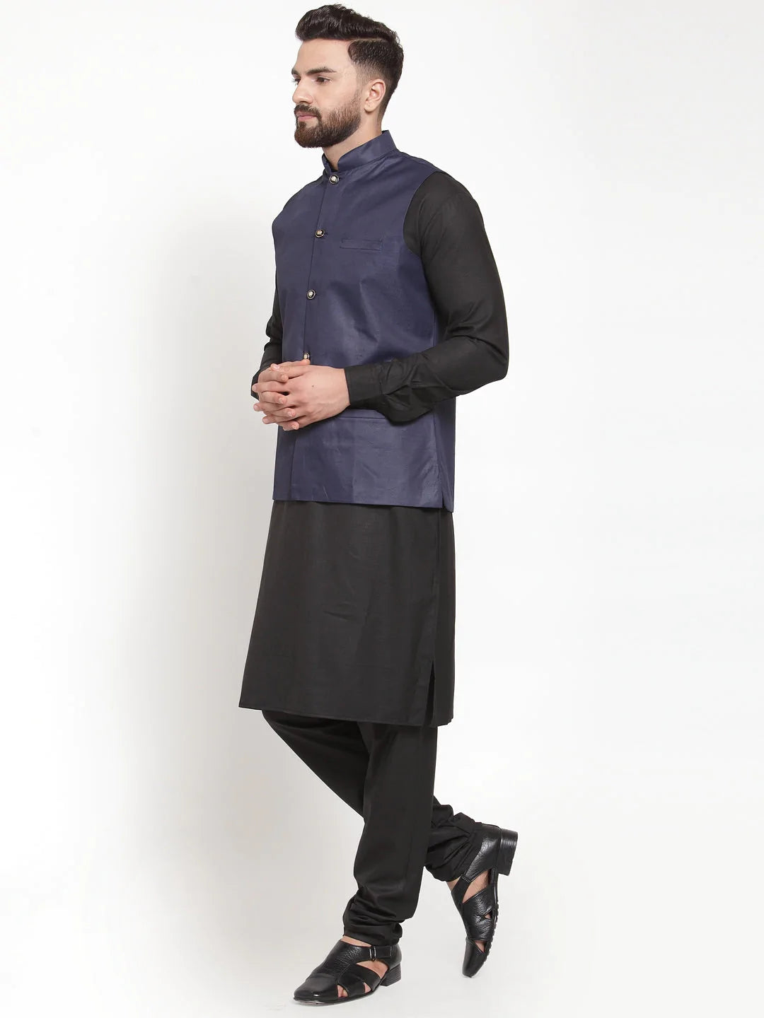 Jompers Men's Solid Kurta Pajama with Solid Waistcoat ( JOKP WC 4052Navy )