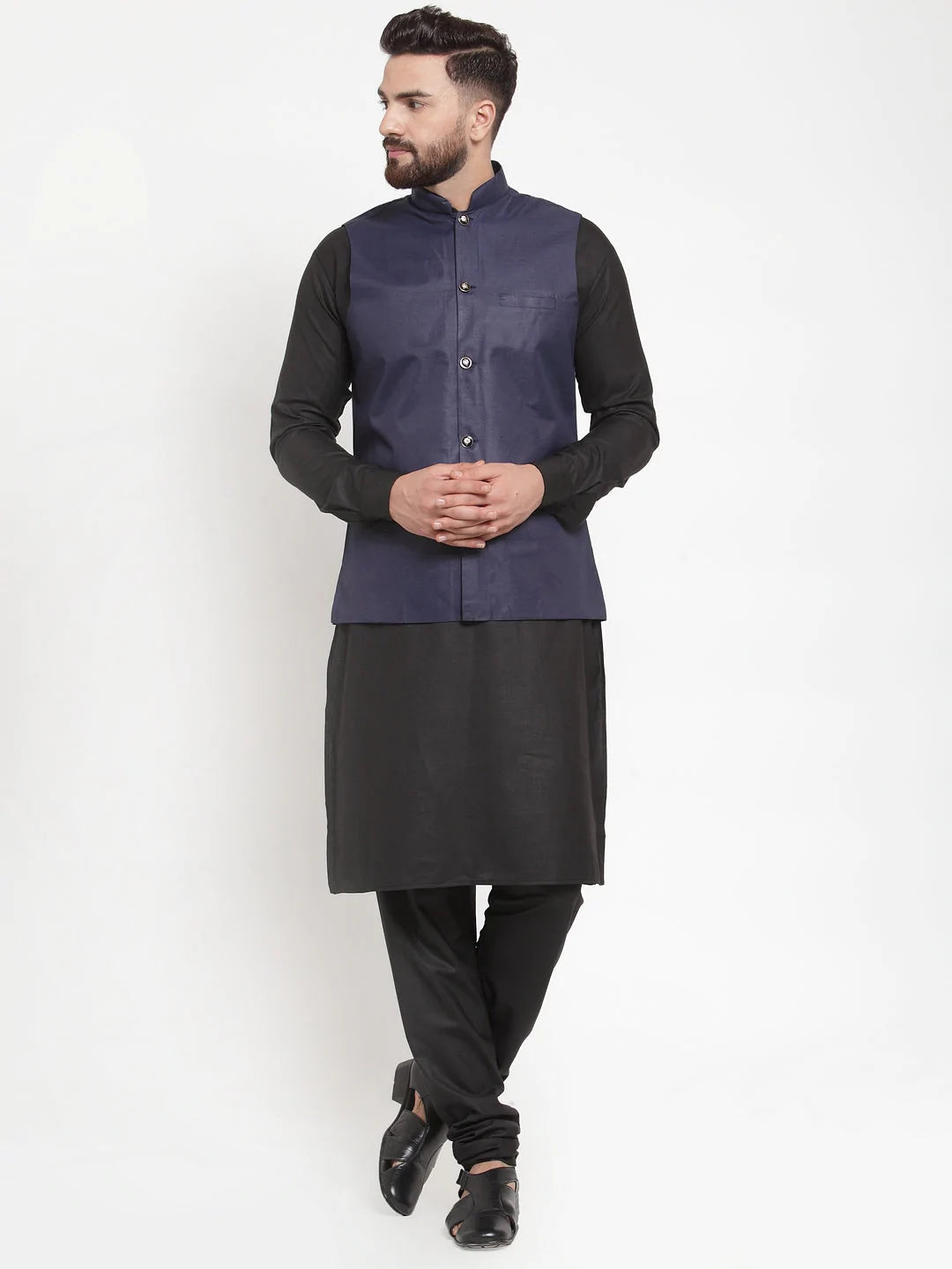 Jompers Men's Solid Kurta Pajama with Solid Waistcoat ( JOKP WC 4052Navy )