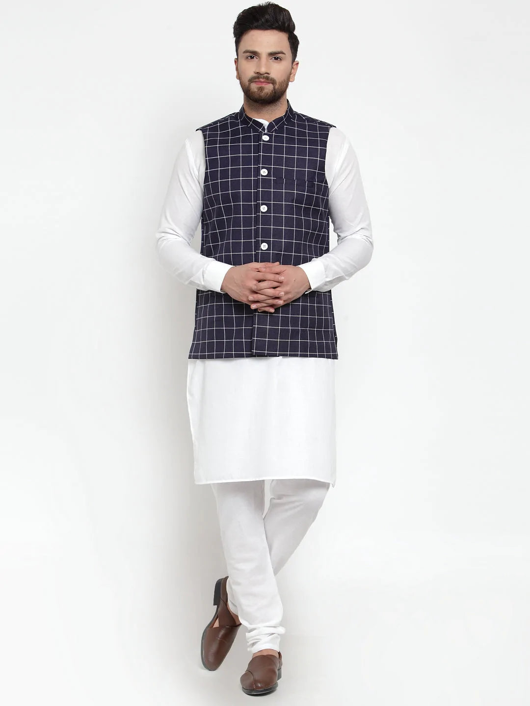 Jompers Men's Solid Kurta Pajama with Checked Waistcoat ( JOKP WC 4053 Navy )