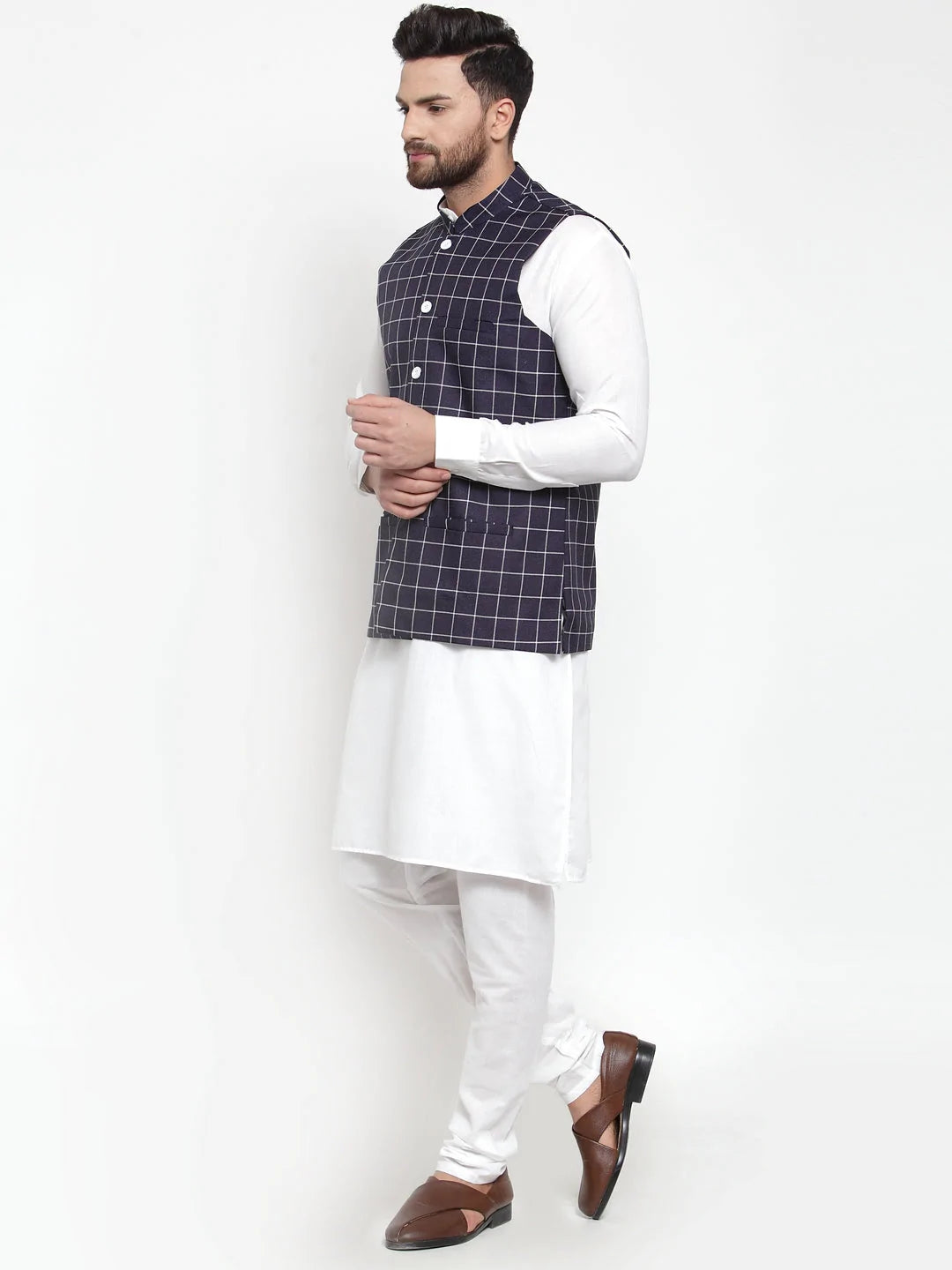 Jompers Men's Solid Kurta Pajama with Checked Waistcoat ( JOKP WC 4053 Navy )