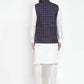 Jompers Men's Solid Kurta Pajama with Checked Waistcoat ( JOKP WC 4053 Navy )