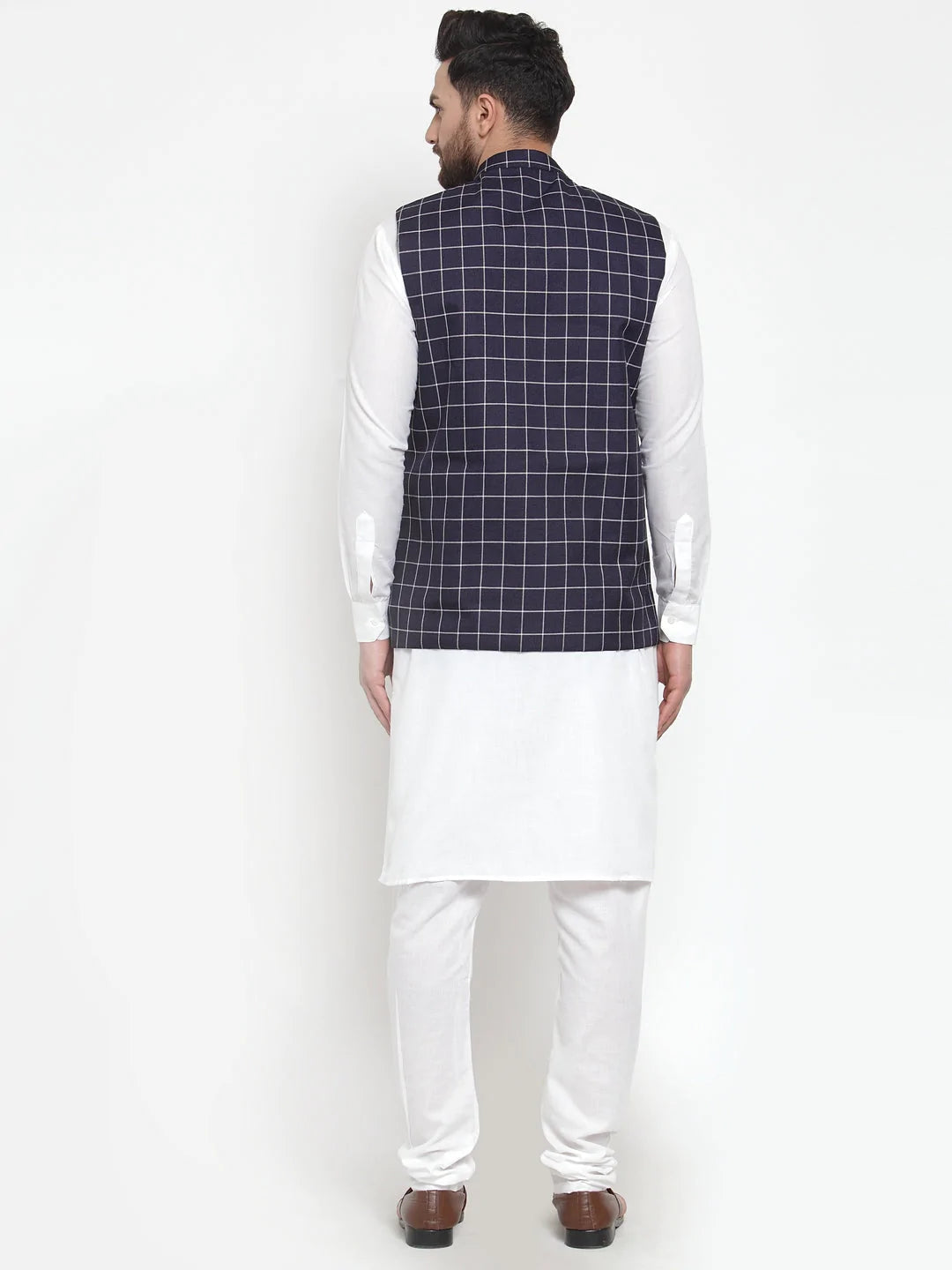 Jompers Men's Solid Kurta Pajama with Checked Waistcoat ( JOKP WC 4053 Navy )