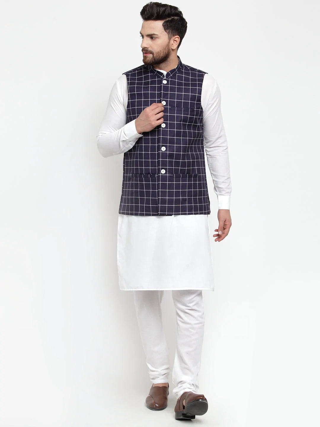 Jompers Men's Solid Kurta Pajama with Checked Waistcoat ( JOKP WC 4053 Navy )