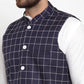 Jompers Men's Solid Kurta Pajama with Checked Waistcoat ( JOKP WC 4053 Navy )