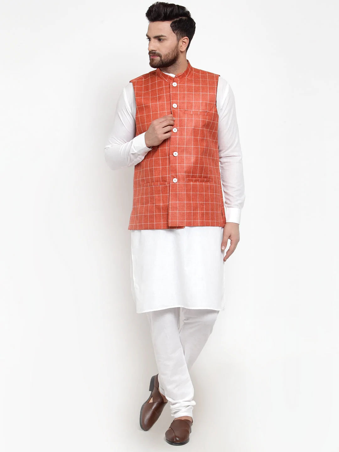 Jompers Men's Solid Kurta Pajama with Checked Waistcoat ( JOKP WC 4053 Peach )