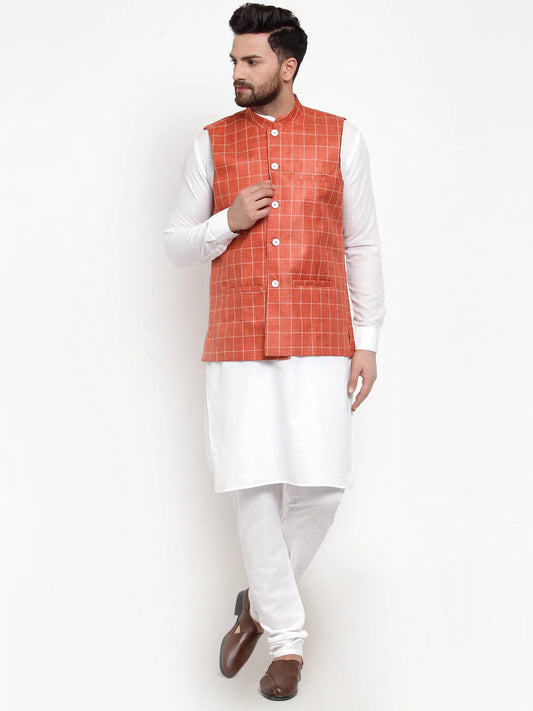 Jompers Men's Solid Kurta Pajama with Checked Waistcoat ( JOKP WC 4053 Peach )