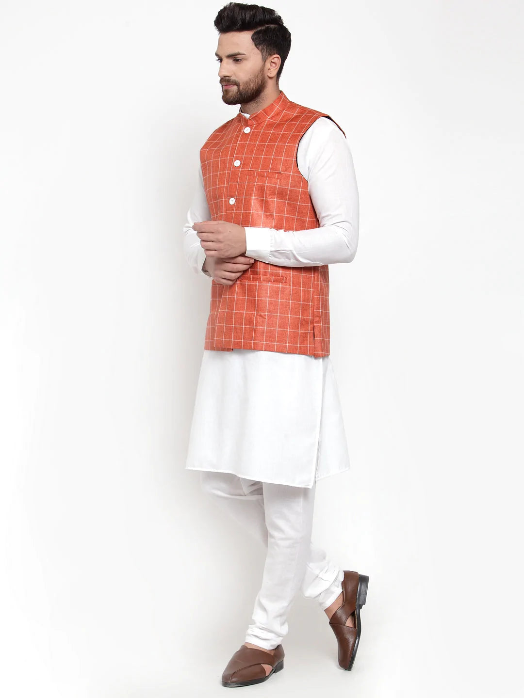 Jompers Men's Solid Kurta Pajama with Checked Waistcoat ( JOKP WC 4053 Peach )