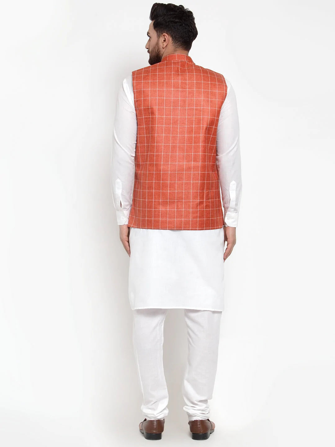 Jompers Men's Solid Kurta Pajama with Checked Waistcoat ( JOKP WC 4053 Peach )