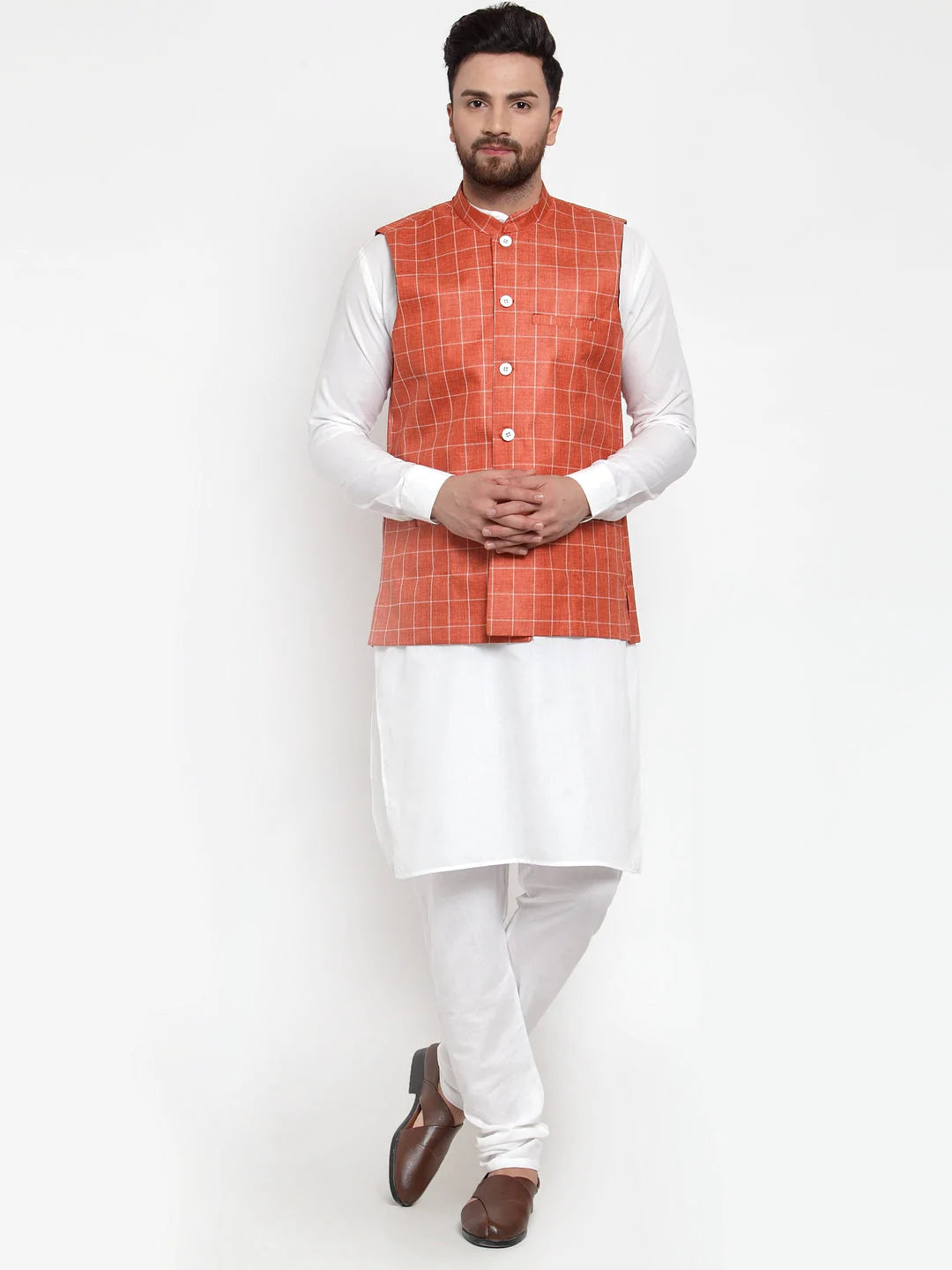 Jompers Men's Solid Kurta Pajama with Checked Waistcoat ( JOKP WC 4053 Peach )