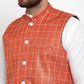 Jompers Men's Solid Kurta Pajama with Checked Waistcoat ( JOKP WC 4053 Peach )