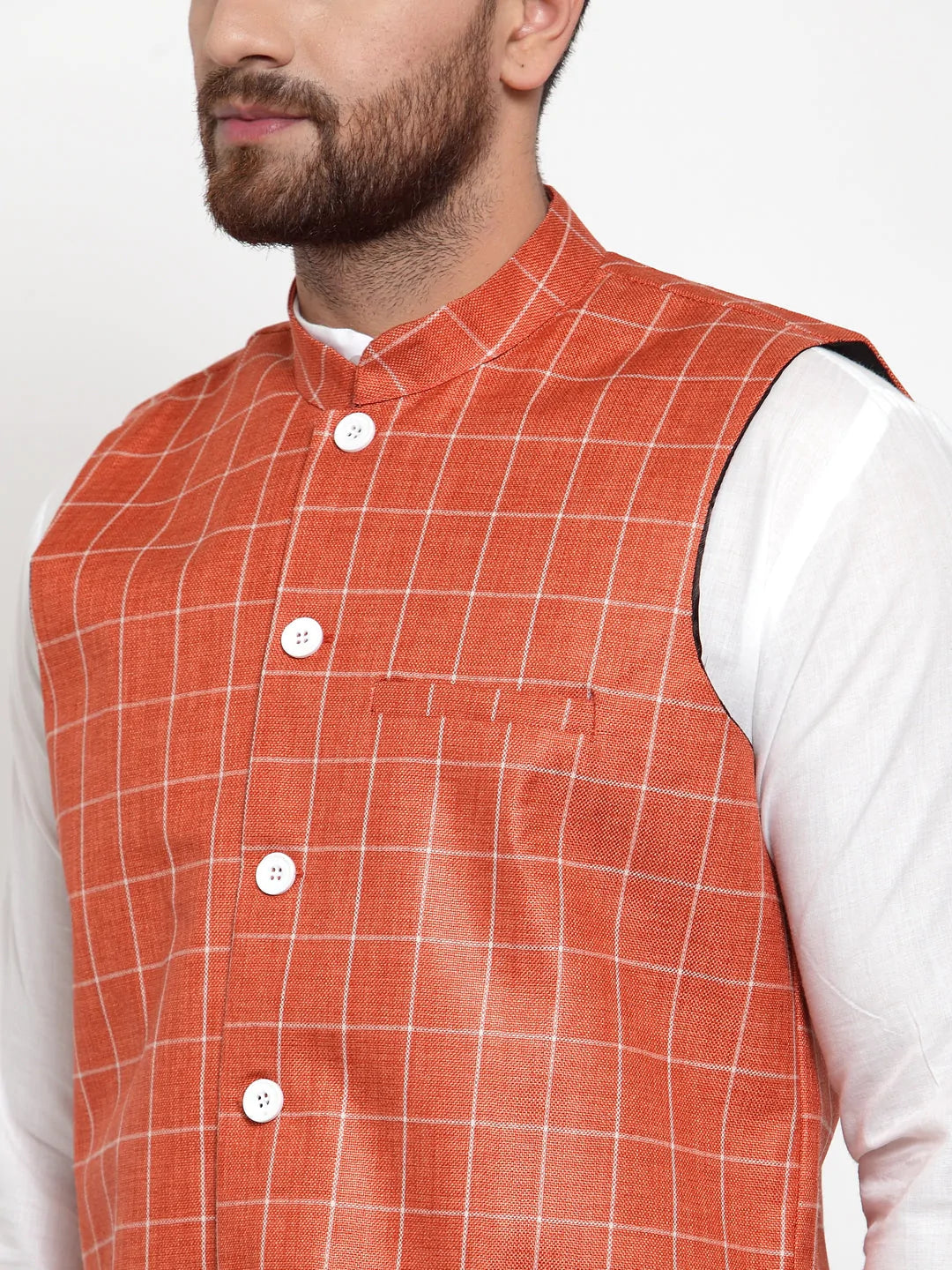Jompers Men's Solid Kurta Pajama with Checked Waistcoat ( JOKP WC 4053 Peach )
