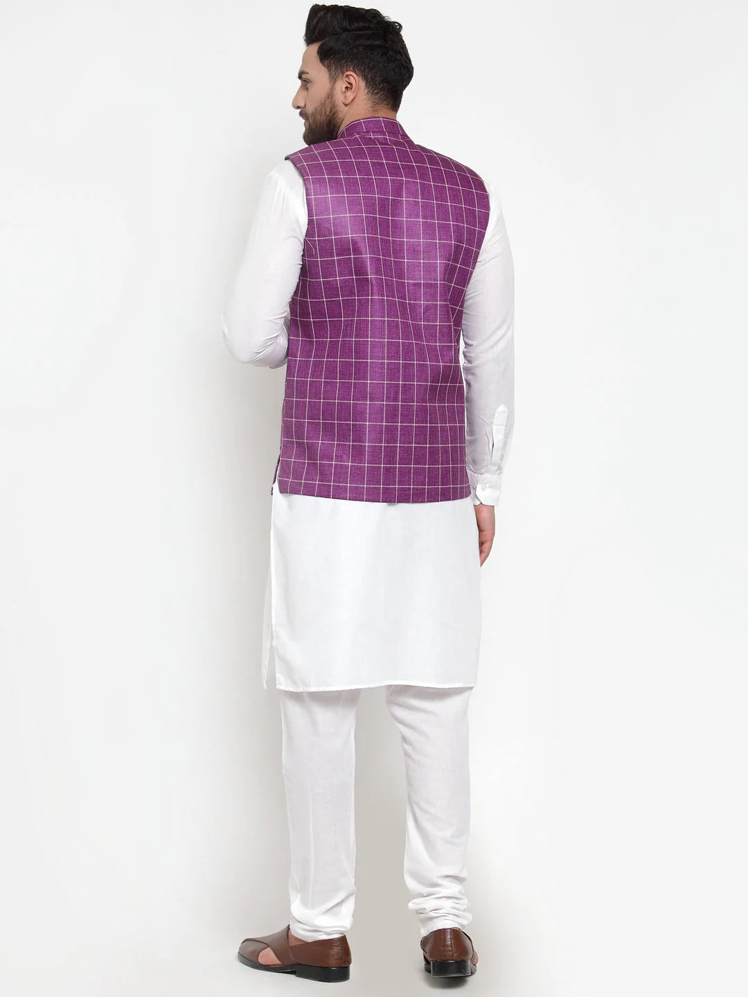 Jompers Men's Solid Kurta Pajama with Checked Waistcoat ( JOKP WC 4053 Purple )