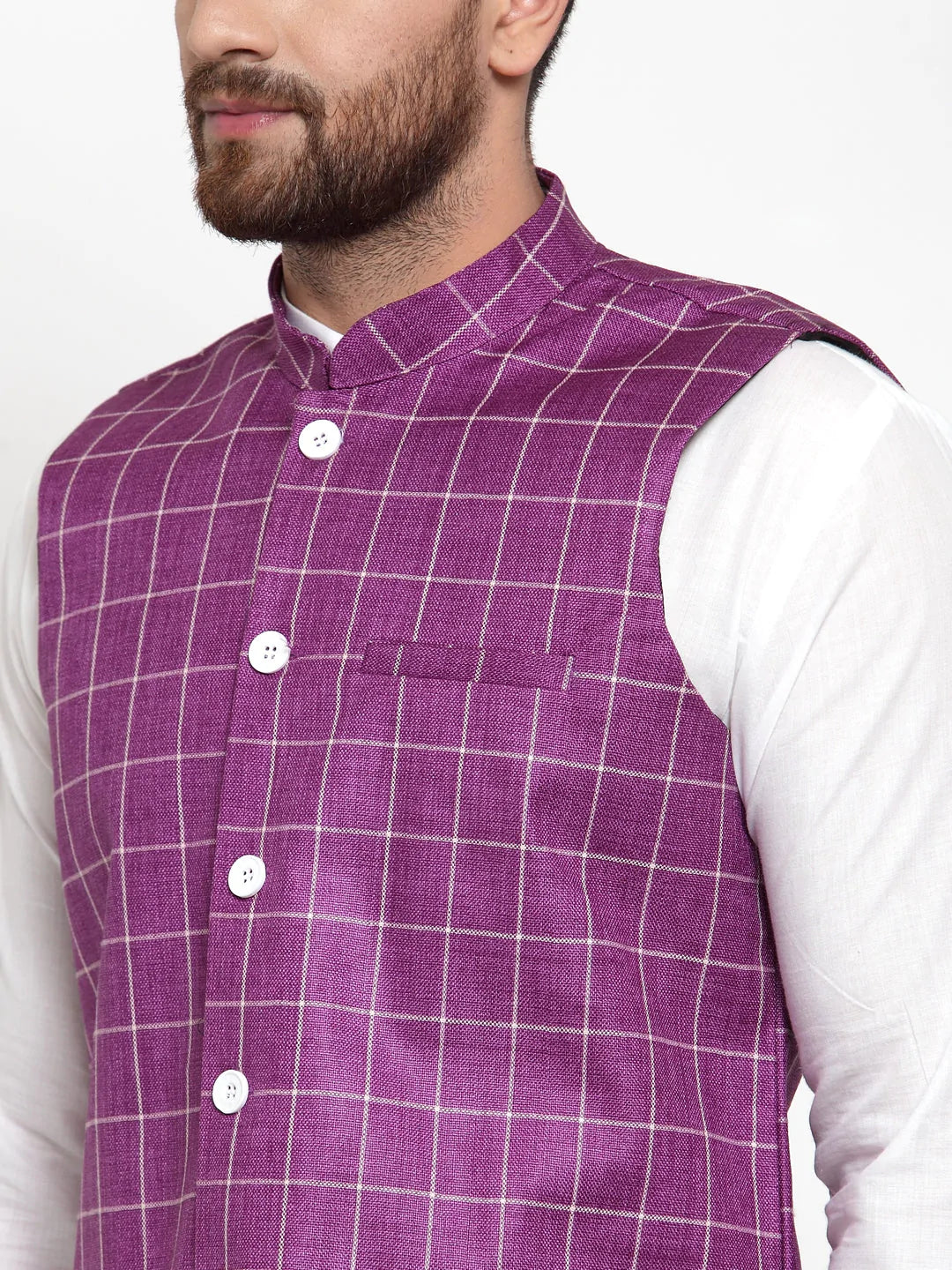 Jompers Men's Solid Kurta Pajama with Checked Waistcoat ( JOKP WC 4053 Purple )