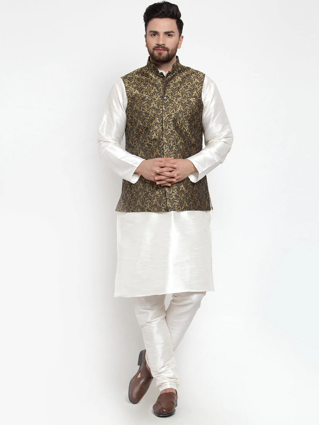 Jompers Men's Solid Dupion Kurta Pajama with Woven Jacquard Waistcoat ( JOKP WC 4054 Gold )