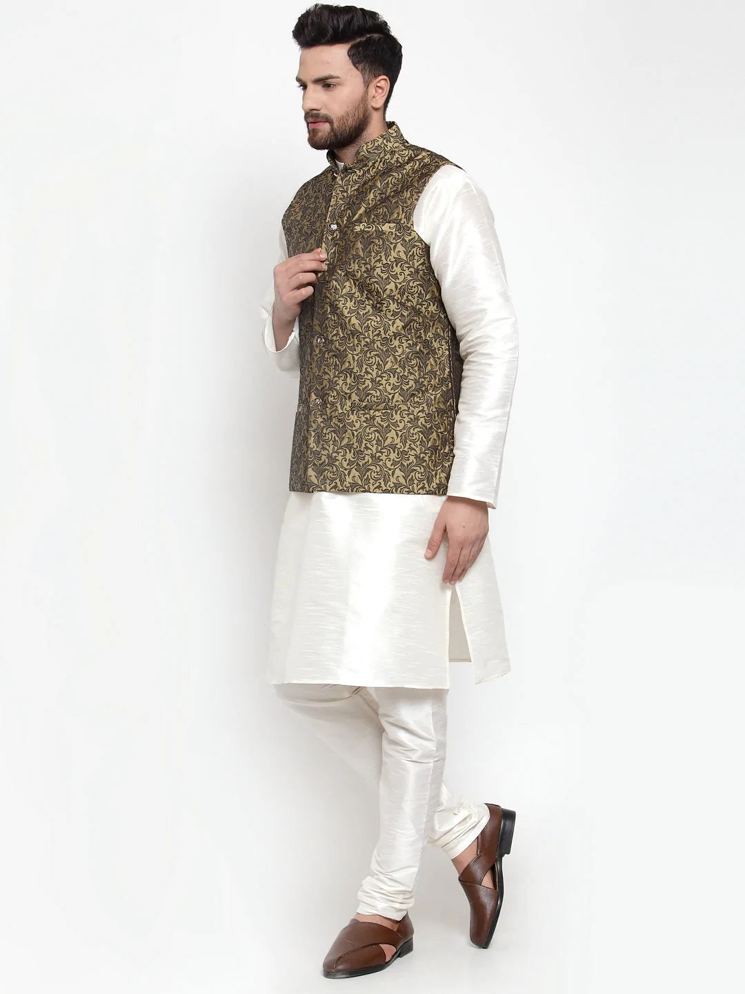 Jompers Men's Solid Dupion Kurta Pajama with Woven Jacquard Waistcoat ( JOKP WC 4054 Gold )