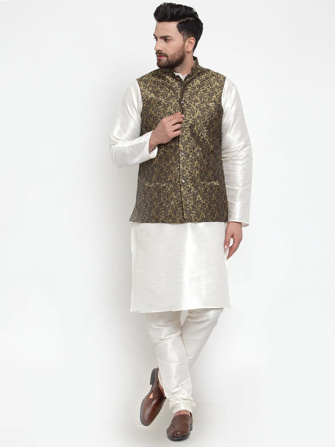 Jompers Men's Solid Dupion Kurta Pajama with Woven Jacquard Waistcoat ( JOKP WC 4054 Gold )