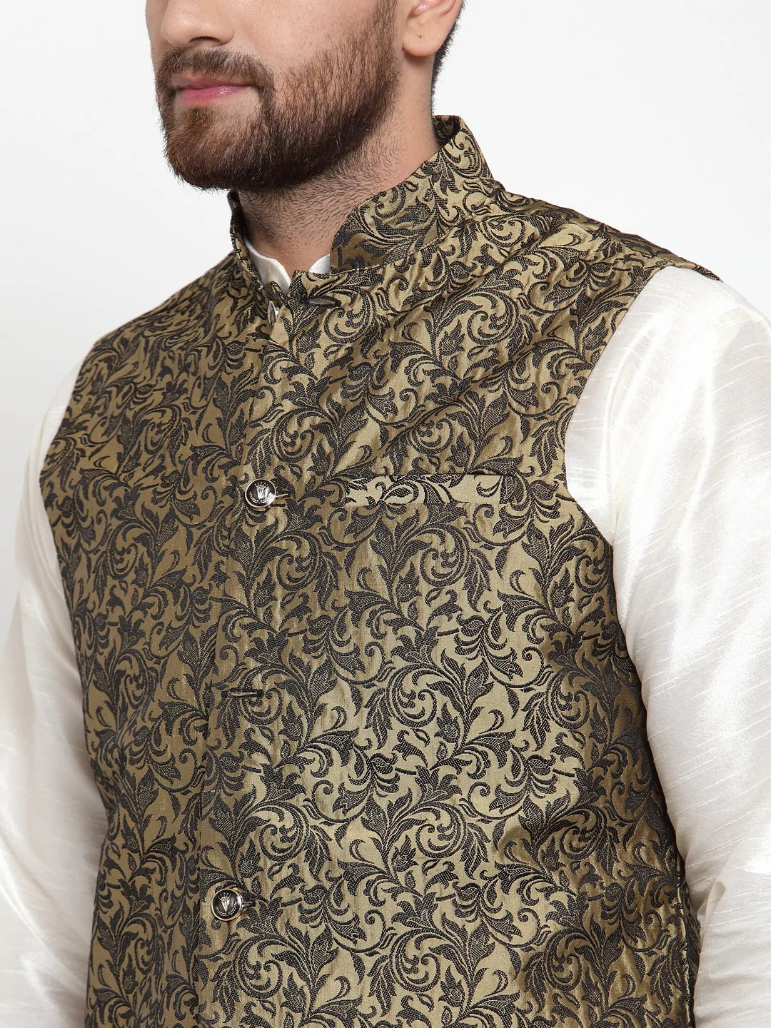 Jompers Men's Solid Dupion Kurta Pajama with Woven Jacquard Waistcoat ( JOKP WC 4054 Gold )